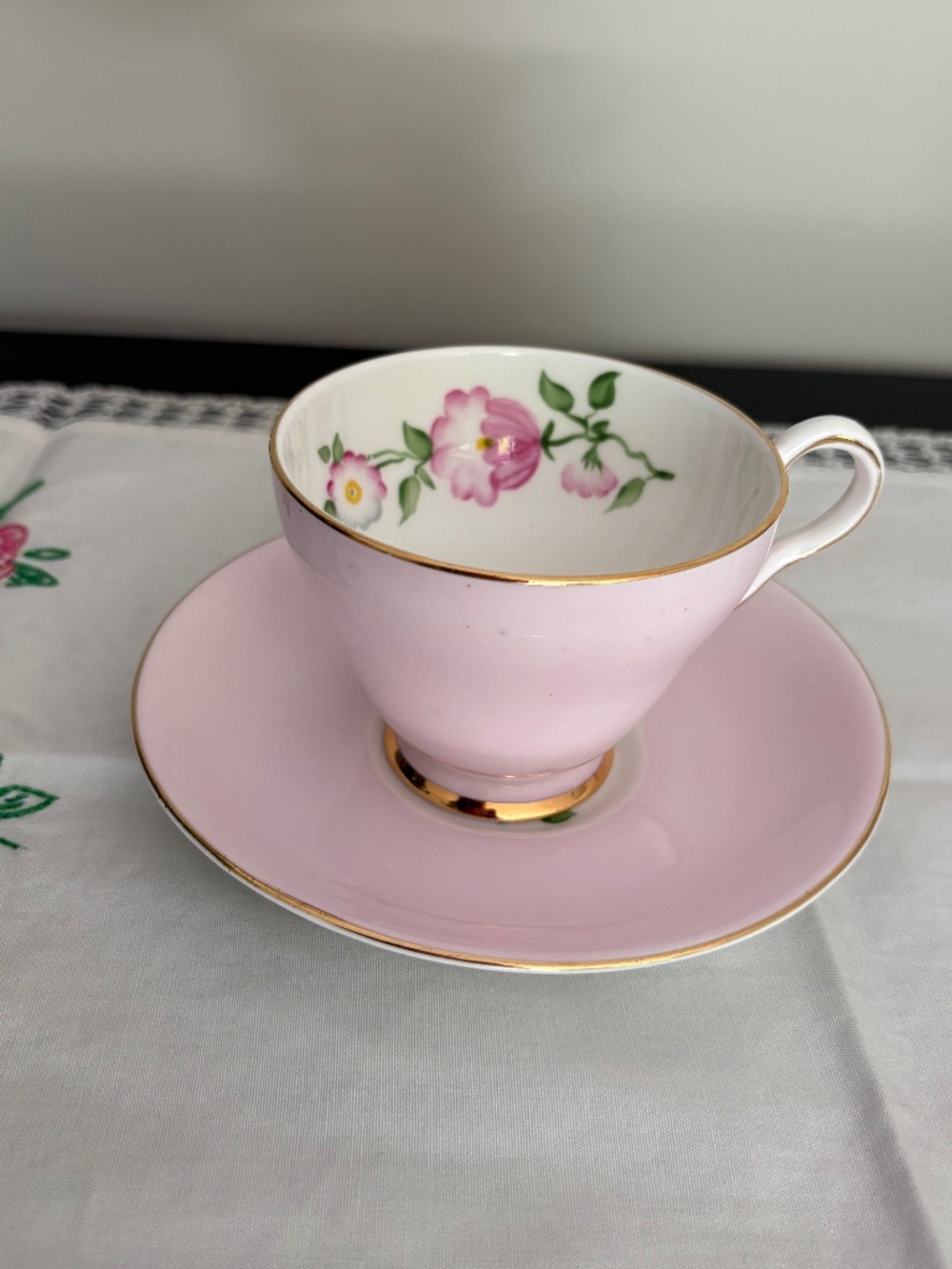 Vintage Royal Stafford England Pink Bone China Floral Tea Cup Saucer Gold Trim
